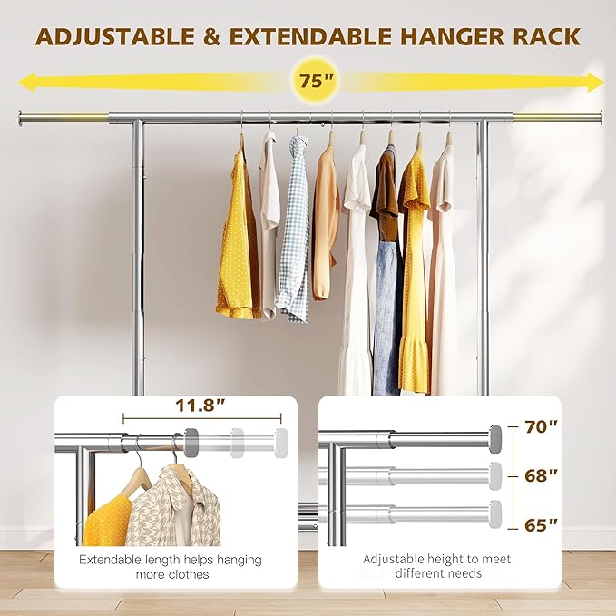 Raybee Heavy Duty Clothes Rack, Clothing Racks for Hanging Heavy Clothes 200+, Rolling Clothing Rack Load 485 LBS, Extendable & Adjustable Portable Commercial Garment Rack with Wheels