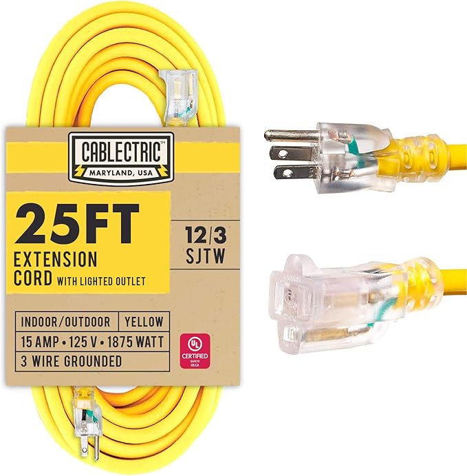 25 Ft Outdoor Extension Cord - 15 Amp 12/3 SJTW Heavy Duty Yellow 12 Gauge Lighted Electrical Cable with 3 Prong Grounded Plug