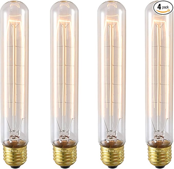 E26 40W Vintage Light Bulb T9/T185 Antique Filament Lamp T10/T30 Long Tubular Bulb Retro Amber Incandescent Light for Chandelier Pendant Industrial Hanging Light 2200K Warm White AC 110V Pack of 4