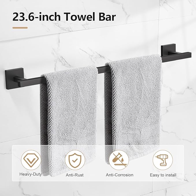 TQKAG 7-Pieces Matte Black Bathroom Hardware Accessories Set 23.6" SUS304 Stainless Steel Towel Bar Set Toilet Paper Spare Rolls Storage Holder Wall Mounted