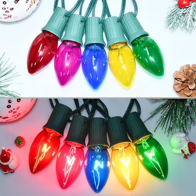 25 Pack C9 Clear Multicolor Replacement Bulbs, 7 Watts Night Light Bulbs, C9 Multicolored Ceramic Incandescent Bulb for Vintage Christmas Lights Outdoor Indoor Home Party Decor, E17 Candelabra Base