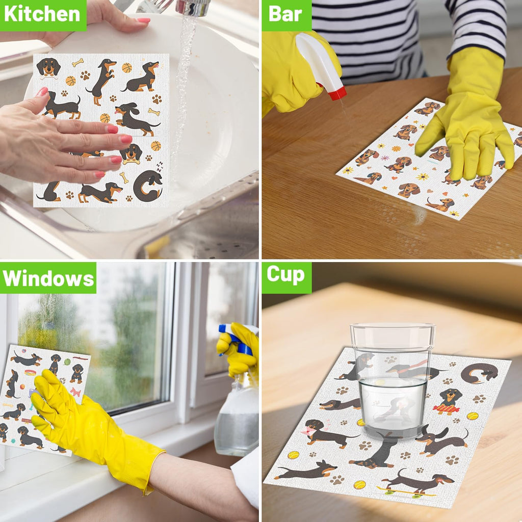 Dachshund Dog Gifts Swedish Dishcloths, 6 Pack Swedish Dish Cloths for Kitchen, Dog Absorbent Reusable Cellulose Sponge Cloths Kitchen Towels