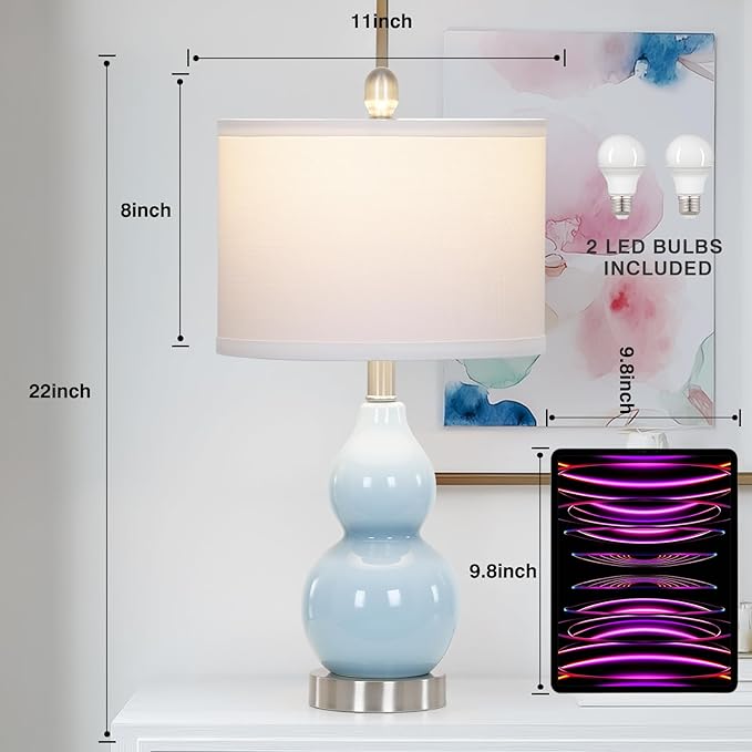 22" Double Gourd Ceramic Table Lamps Set of 2, Blue Modern Bedside Lamps for Living Room, Contemporary Nightstand Desk Lamps for Bedroom End Table Home Office Study Room Decor(2 LED Bulbs Included)