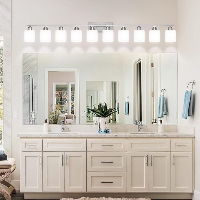 Brushed Nickel Bathroom Vanity Light for Giant Mirror, 10 Light Brushed Nickel Vanity Lights, 65 inch Wall Lamps for Bedroom for Mirrors with Milky White Frosted Glass Shades, E26