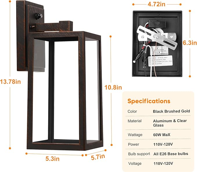 PARTPHONER Dusk to Dawn Porch Light Fixtures, Black Brushed Gold Exterior Lighting Lamp, Sensor Wall Lantern, Waterproof Outdoor Wall Sconce for House Doorway, Garage 2 Pack