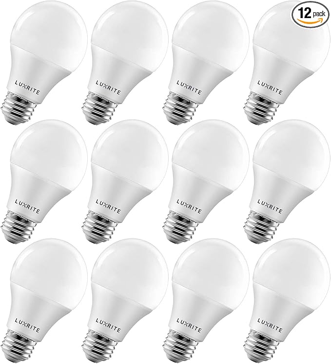 LUXRITE A19 LED Bulb 60W Equivalent, 3500K Natural White, 800 Lumens, Dimmable Standard LED Light Bulbs 9W, Enclosed Fixture Rated, Energy Star, E26 Medium Base - Indoor and Outdoor (12 Pack)
