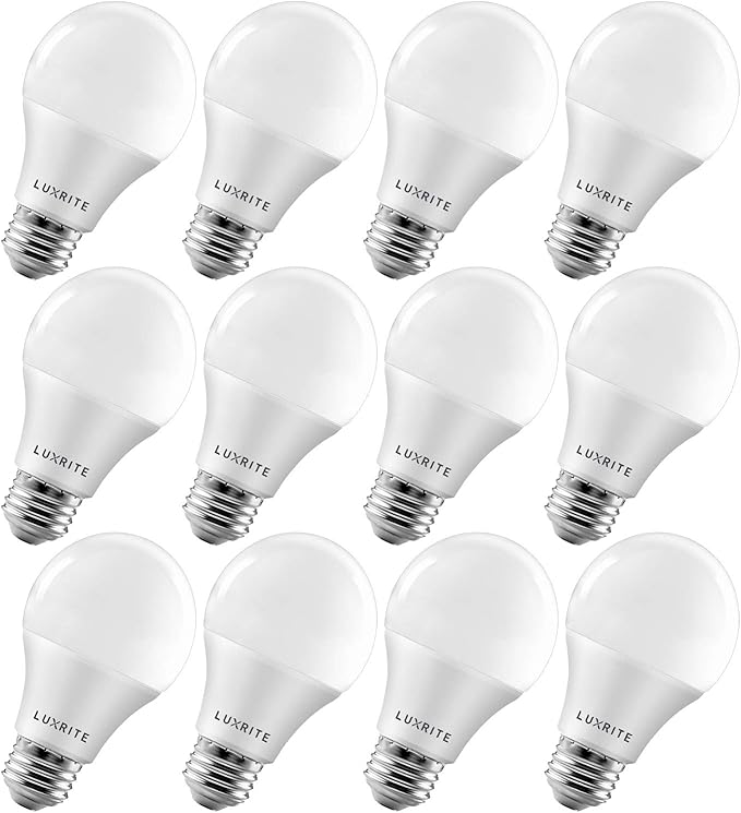 LUXRITE A19 LED Light Bulb 60W Equivalent, 5000K Bright White Dimmable, 800 Lumens, Standard LED Bulb 9W, E26 Base, Energy Star, Enclosed Fixture Rated, Perfect for Lamps and Home Lighting (12 Pack)