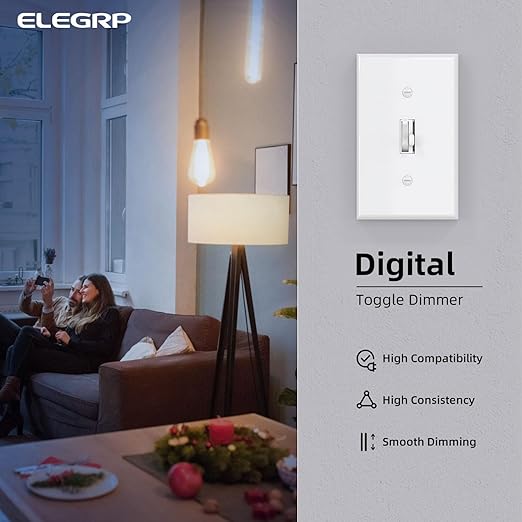 ELEGRP Digital Toggle Dimmer Switch for Dimmable LED, CFL and Incandescent Light Bulbs, Single Pole or 3-Way Toggle LED Dimmer Light Switch, Wall Plate Included, UL Listed, 10 Pack, White