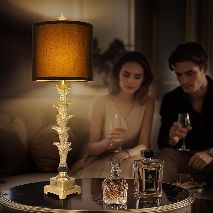 Table Lamps Set of 2 for Living Room, 3-Way Dimmable Touch Buffet Lamps with USB A+C Ports, Gold Leaf Finish Bedside Lamps with Black Linen Shades, Modern Nightstand Lamp for Bedroom Office Entryway