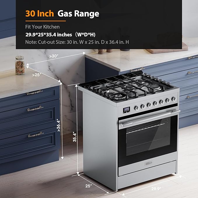 Empava Gas Range, Convection Oven 5.0 Cu. Ft with Touch Timer, 5 Deep Recessed Burners Cooktop, Heavy Duty Continuous Grates in Stainless Steel, Freestanding & Slide-in,30 Inch