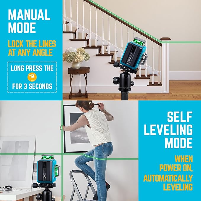 KEZERS Laser Level with Tripod,3 x 360 Self Leveling Laser Level, Green Line Laser 3D Laser Leveler Tool with 2 Rechargeable Batteries,Indoor,for Picture Hanging,Tile,Home Renovation