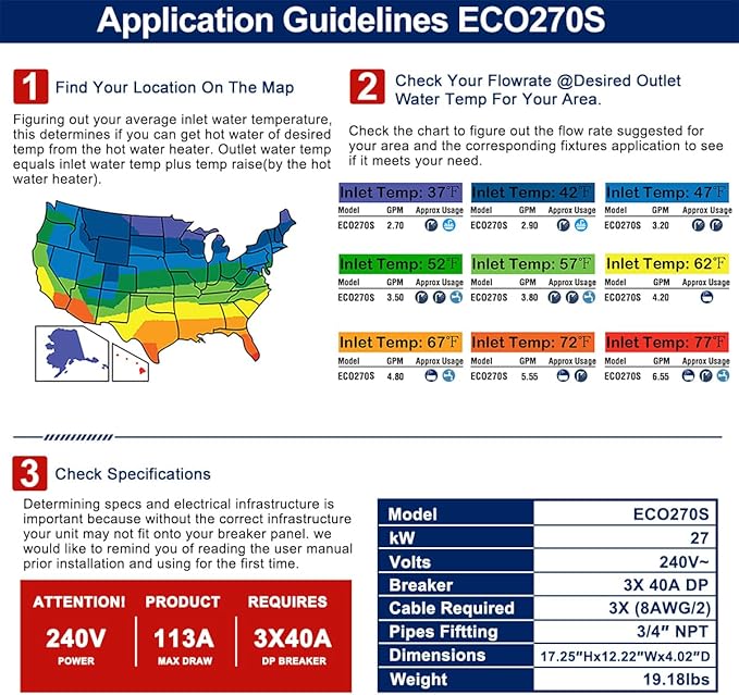 Electric Tankless Water Heater, ECOTOUCH 27kW on Demand Hot Water Heater Electric 240V Instant Tankless Hot Water Heaters Point of Use with ETL Certificated Self-Modulating ECO270S