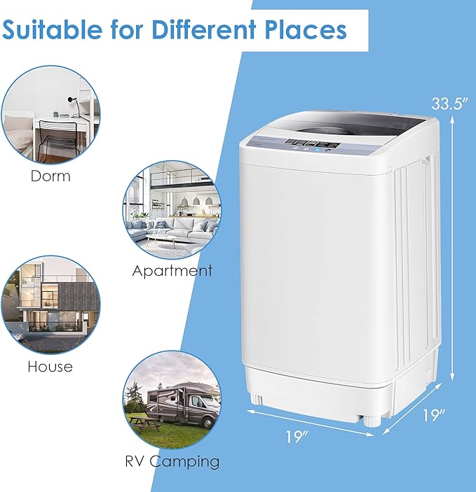 Casart-24403-EP Casart Washing Machine Portable Compact 12lbs Capacity Full-Automatic W/Drain Pump,10 Programs 8 Water Level 1.34 Cu.ft Cloth Washer and Spinner, Gray