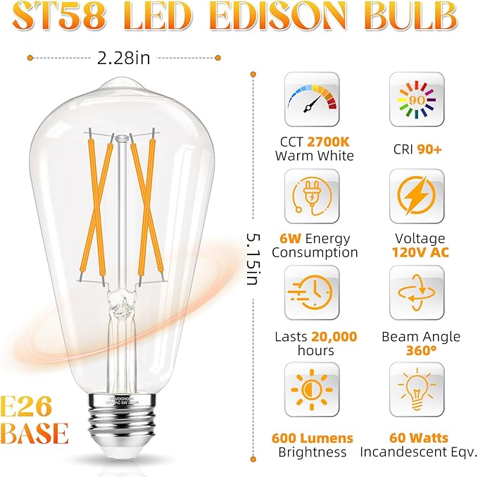 E26 Bulb, Non-Dimmable Edison Bulbs 60 watt LED Equivalent, 2700K Warm White, ST58 Vintage Light Bulbs, 90+ CRI, 6W 600LM, E26 Medium Base, Clear Glass, 18 Pack