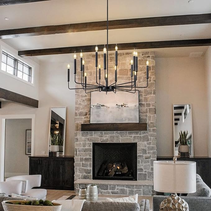 Qamra Farmhouse Black Chandelier for Dining Room, 16-Light Modern Candle Chandelier Light Fixture, Rustic Industrial Hanging Chandeliers Lighting for Living Room, Kitchen, Staircase, Entryway