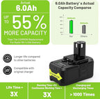 2Pack 6.0Ah 18V P108 Replacement for Ryobi 18V Battery P109 P102 P103 P105 P107 Ryobi ONE+ Cordless Tool Lithium-Ion Battery