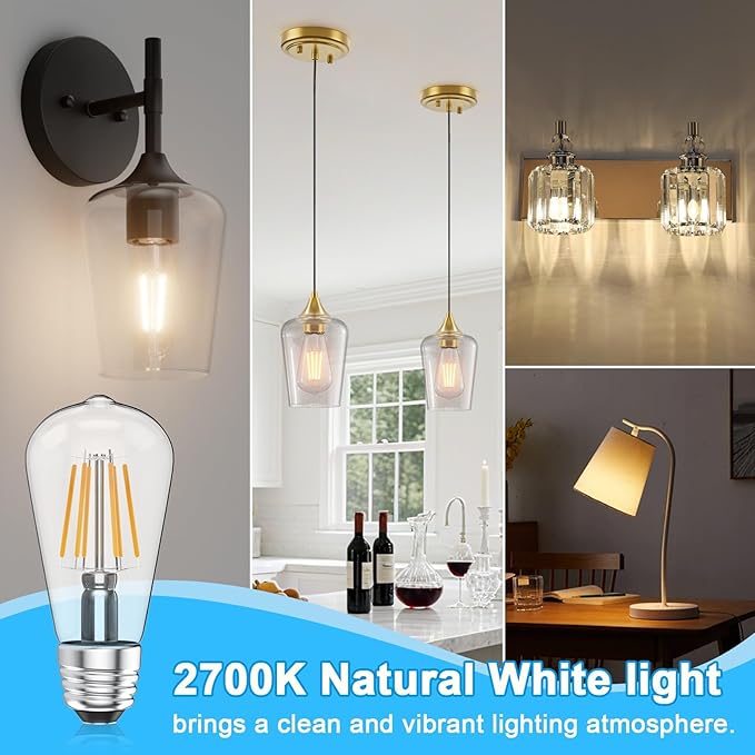 Ralbay ST48 Vintage LED Edison Bulbs 6 Pack, 60W Equivalent, Warm White 2700K, Clear Glass E26 Medium Base