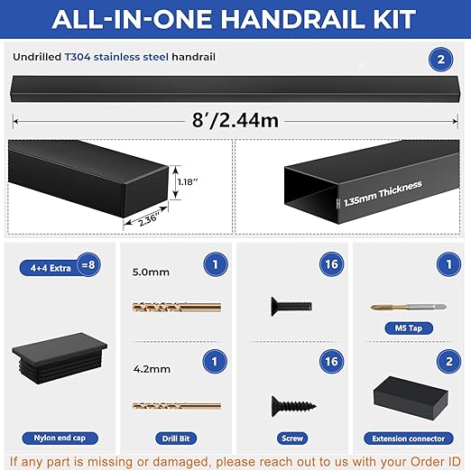 2Pack 8FT T304 Stainless Steel Handrails Black with Extension Connectors End Cap Kits for Cable Railing System Posts Kit, Cuttable Rectangular Handrails Flat Top Rail (Flexible DIY)
