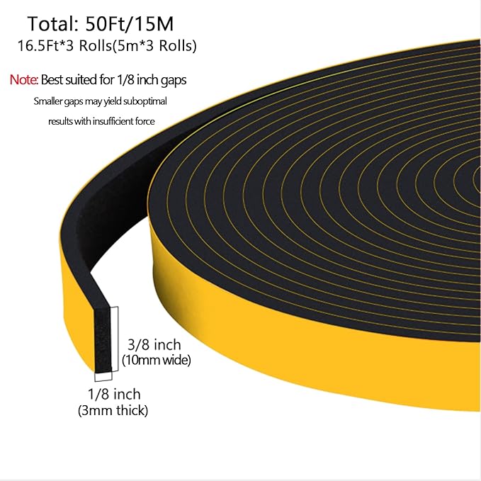 Strong Adhesive Weather Stripping Door Seal for Insulating Door Frame, Window, Weatherproof Soundproof Weather Stripping for Doors, Windproof Foam Seal Tape(3/8 in x 1/8 in x 50Ft)