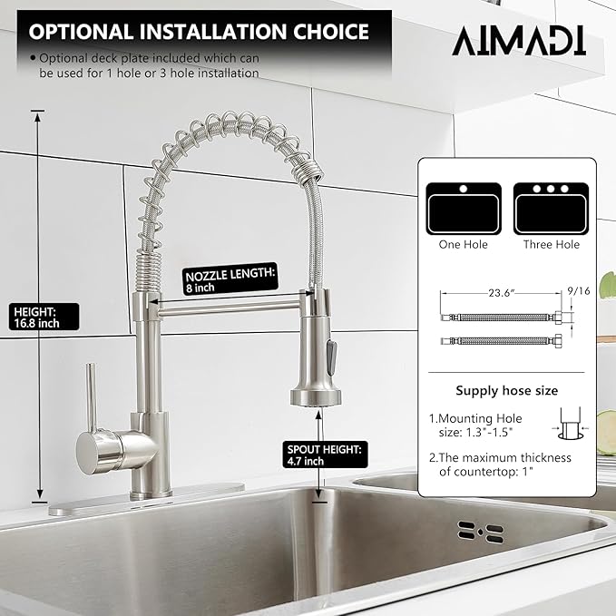 Kitchen Faucets with Deck Plate AIMADI,Contemporary Single Handle Stainless Steel Brushed Nickel Pull Down Kitchen Sink Faucets