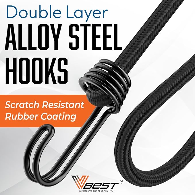 Heavy Duty Bungee Cords with Hooks, Black, 6-Piece Set, UV and Weather Resistant, Assorted Sizes 12", 24", 36", for Cargo, Camping, Moving, Truck Bungies Outdoor