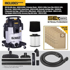 DEWALT 10 Gal Stealthsonic Shop Vacuum Wet and Dry, 5HP Heavy-Duty Stainless Steel Shop Vac, Ultra-Quiet with Complete Accessory Kit & 6 Bonus Dust Bags - Ideal for Job Sites, Workshops & Garages