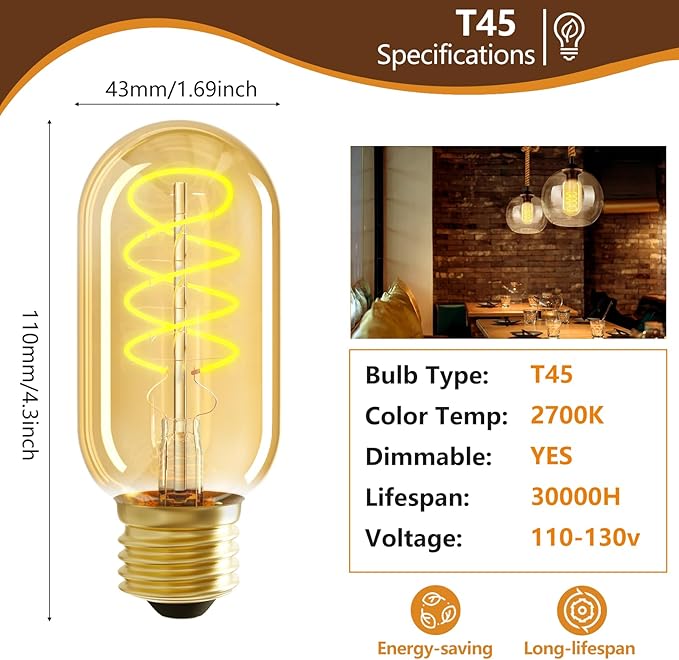 E26 LED Bulbs， 4W Equivalent 40 watt,Vintage Edison Bulbs, Warm White 2700K Amber E26 Edison Bulbs dimmable, Tubular T45 LED Light Bulb, AC120V, 400lm, CR90+,Gold Glass, Pack of 4