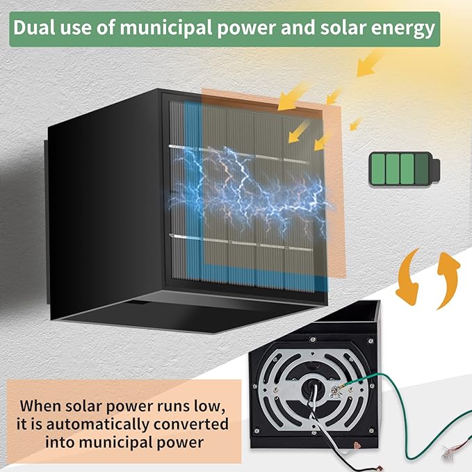 LANFU Solar Powered Motion Sensor Square Outdoor Wall Lights,Black Modern Up and Down Wall Lamps 10W,IP65 Waterproof Warm White 3000K Wall Sconce Light Exterior for Fence,Garden