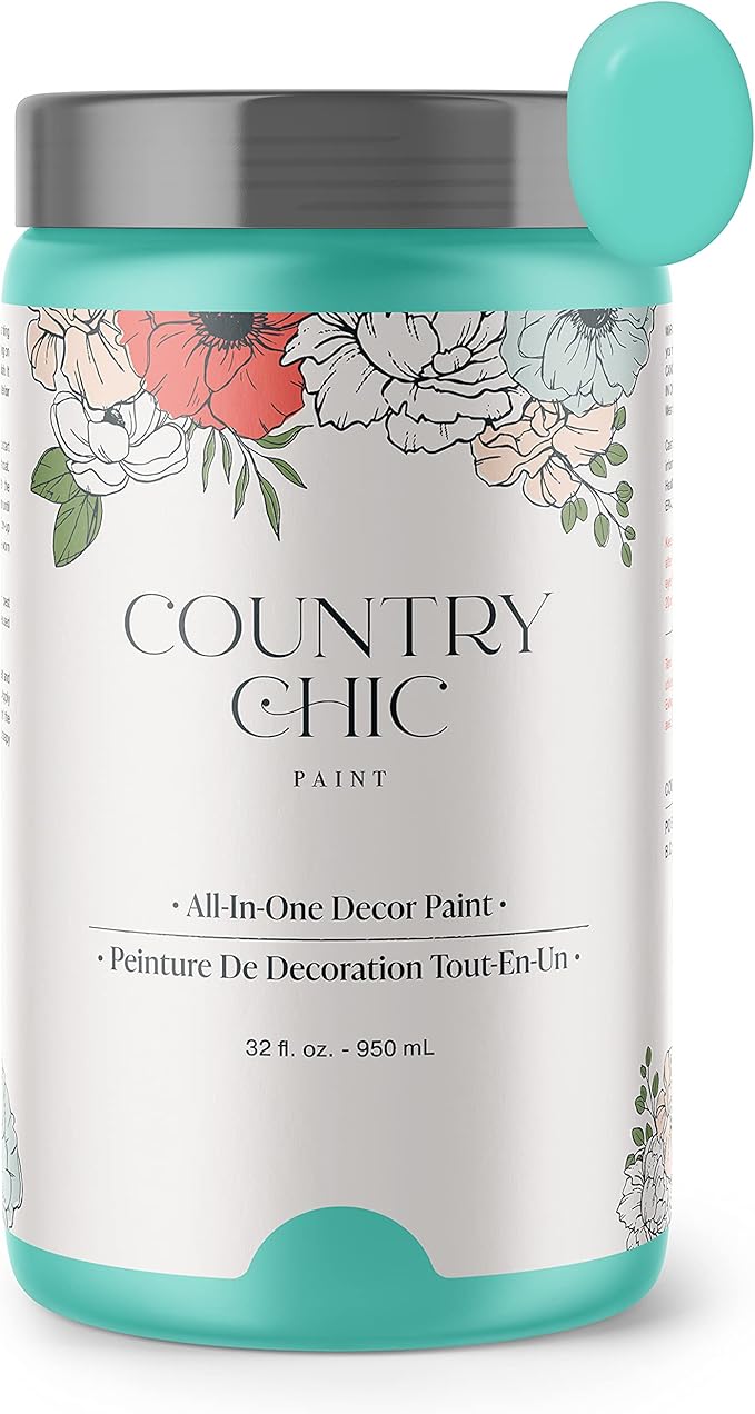 Country Chic All-in-One Chalk Paint for Furniture, Cabinets, Home Decor, Eco-Friendly, Matte Finish, Built-In Primer & Top Coat for Wood, Metal - Tropical Cocktail (Turquoise) - Quart 32 oz (950 ml)