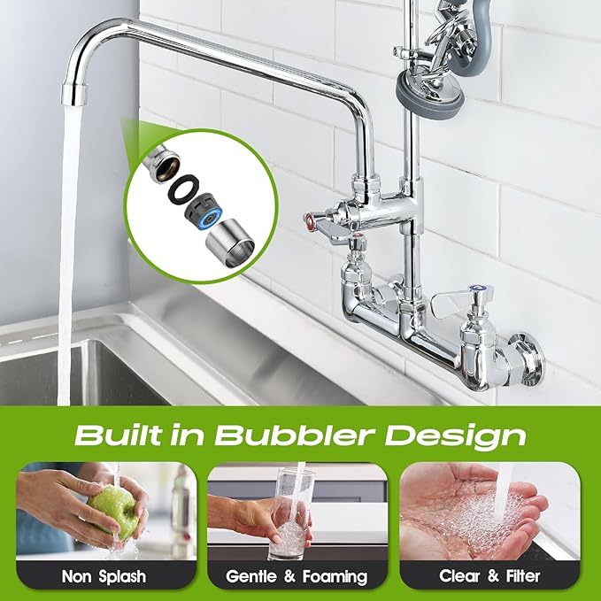 47" Height Commercial Sink Faucet with Sprayer, 8 Inch Center Wall Mount Kitchen Sink Faucet with Down Pre-Rinse Sprayer, Compartment Sink Faucet with 12" Swivel Spout for Restaurant