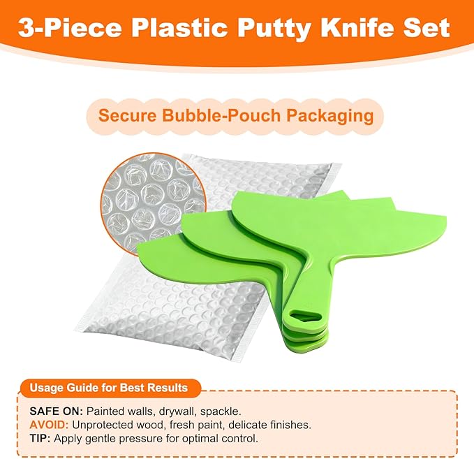Putty Scraper 10" 3-Pack, Flexible Plastic Knife for Taping Drywall & Wall Repair, Value Pack Spreader for Spackling & Compound, Reusable & Easy Clean, Green