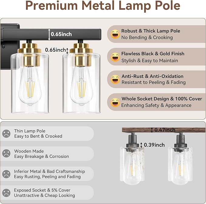 5-Light Bathroom Light Fixtures, 31" Modern Vanity Lights Over Mirror with Clear Glass Shades, Black & Gold Light Fixture, Classic Wall Light Fixture for Mirror Living Room Cabinet Bedroom Porch