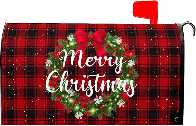 Kawani Merry Christmas Mailbox Covers Magnetic Standard Size 25.5x21 Inch Winter Christmas Wreath Red Black Buffalo Plaid Mailbox Cover Xmas Holiday Wraps Post Box Cover for Garden Yard Decor