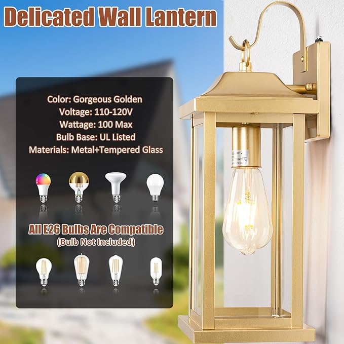 Large Gold Outdoor Sconces Dusk to Dawn 2-Pack, 17 Inch Large Porch Light Photocell Brass Outdoor Light Fixtures IP65 Waterproof with Clear Glass Outside Wall Lanterns Wall Mounted Lamps