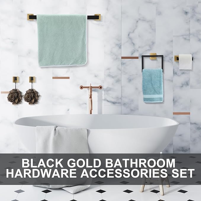 Gisafai 15 Pcs Bathroom Hardware Accessories Set 23.6 Inch Bath Towel Bar Kit Stainless Steel Bathroom Hardware Set Towel Racks Ring Hooks Paper Holder for Wall Mounted (Black Gold)