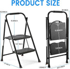 Extra Large & Wide 600lbs Step Ladder 2 Step Folding，Anti-Slip, Heavy Duty， Matte Black