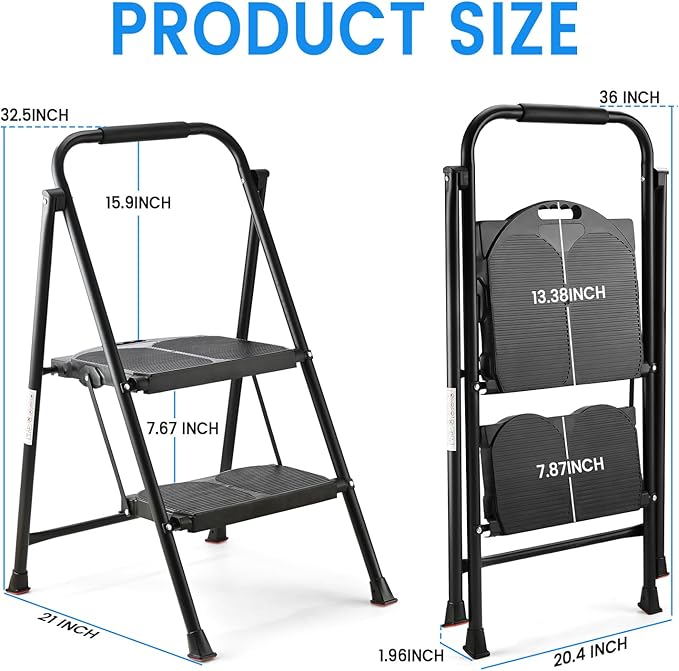 Extra Large & Wide 600lbs Step Ladder 2 Step Folding，Anti-Slip, Heavy Duty， Matte Black