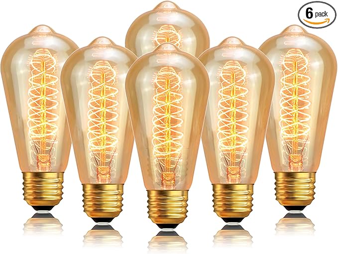 Edison Light Bulb 60W 6 Pack, ST64 Vintage E26 Incandescent Light Bulbs, 2200K Warm Dimmable Amber Spiral Filament, Antique Style Retro Glass Decorative Bulb for Table Lamp Home Office