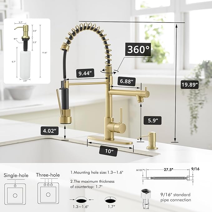 AIMADI Gold Kitchen Faucet with Soap Dispenser,Commercial Single Handle Pull Down Kitchen Faucets with Sprayer,Brushed Gold
