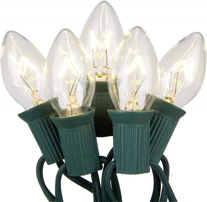 SUNSGNE 25 Pack C7 Clear Replacement Bulbs Christmas Light Bulbs, Outdoor Patio String Light Bulbs, C7 Night Light Replacement Bulbs, E12/C7 Candelabra Base, 5 Watt- Clear