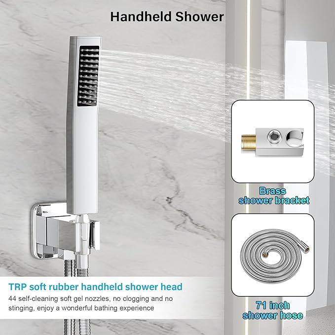 Shower Faucet Set Bathroom Square Rain Shower Head and Handle Set, Wall Mounted Shower Fixtures, Full Metal Trim Repair Kit 12 inch Polished Chrome (With Shower Valve)