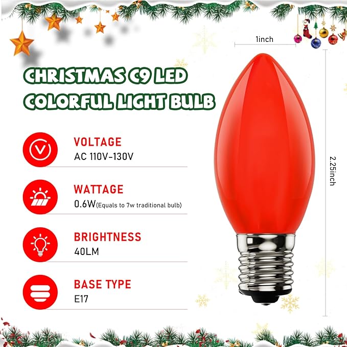 25 Pack C9 LED Christmas Light Bulbs,C9 Plastic Multicolor Replacement LED Bulbs Shatterproof C9/E17 Candelabra Base 0.6 Watt Great for Outdoor Indoor Night Lights Holiday Christmas Tree Decor