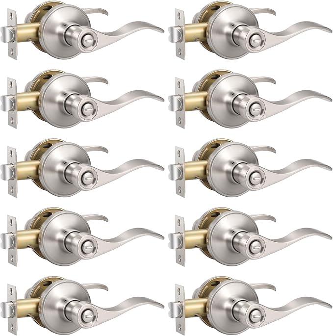 Knobonly 10 Pack Satin Nickel Privacy Door Levers Interior Door Handles for Bedroom and Bathroom Door Knobs Keyless Privacy Door Handles with Lock, Zinc Alloy Reversible for Right/Left