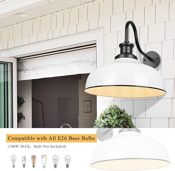 Outdoor Gooseneck Barn Lights, 16 Inch Dome Outdoor Wall Sconce Farmhouse Exterior Wall Mount Light Vintage Wall Lighting Fixture Industrial Lantern for Porch, Entryway, Garage, RZ007L-2 WH