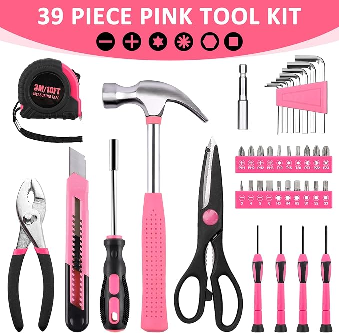 SenHodyu Pink Tool Set for Women-40 Piece General Household Hand Tool Box with Plastic Toolbox Storage Case Tool Kit (Pink)