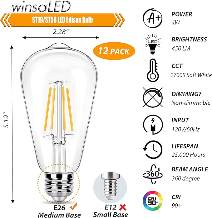 LED Light Bulbs 40 Watt Equivalent, 2700K Soft Warm Light Bulbs, 4W LED ST19 Edison Bulbs, 450LM, E26 Medium Base, High CRI 90+, Not Dimmable, Pack of 12