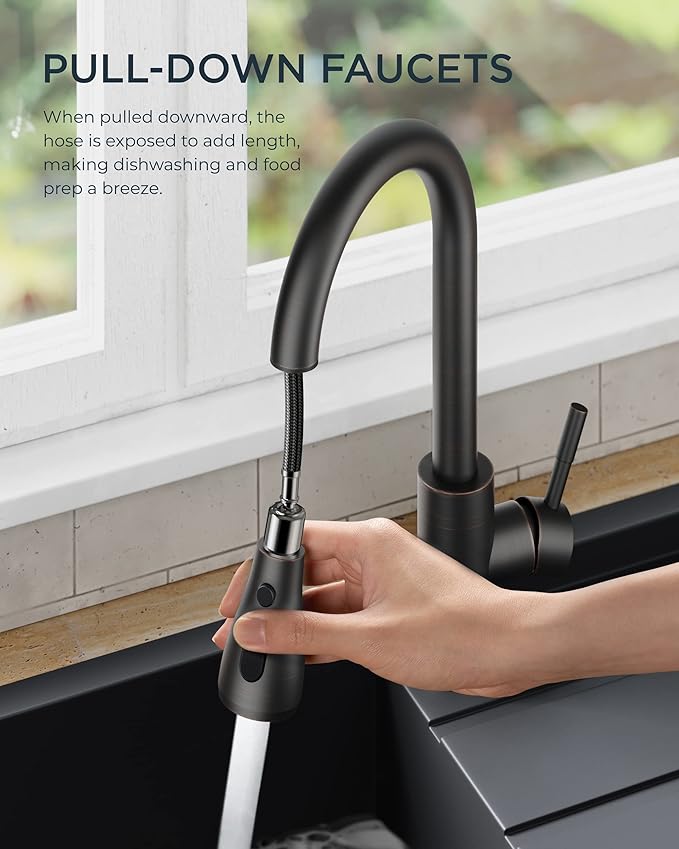 FORIOUS Kitchen Faucets with Pull Down Sprayer, Oil Rubber Brown, High Arc Single Handle Classic Stainless Steel Sink Faucet 1 or 3 Hole, Suitable for Farmhouse Camper Laundry Rv Bar