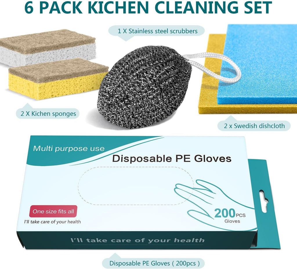 200PCS Plastic Gloves Disposable, Cellulose Kitchen Cleaning Sponge, Swedish dishcloths,Steel Wool Scrubbers,Set of Cleaning Supplies Housewarming Gift(6)