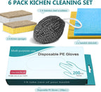 200PCS Plastic Gloves Disposable, Cellulose Kitchen Cleaning Sponge, Swedish dishcloths,Steel Wool Scrubbers,Set of Cleaning Supplies Housewarming Gift(6)