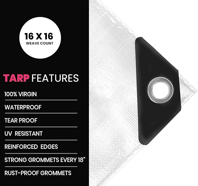 PROTARP Extreme Heavy Duty 22 Mil Tarp Cover, Waterproof, UV Resistant, Rip and Tear Proof, Poly Tarpaulin with Reinforced Edges for Roof, Camping, Patio, Pool, Boat. (White 30′ X 30′)